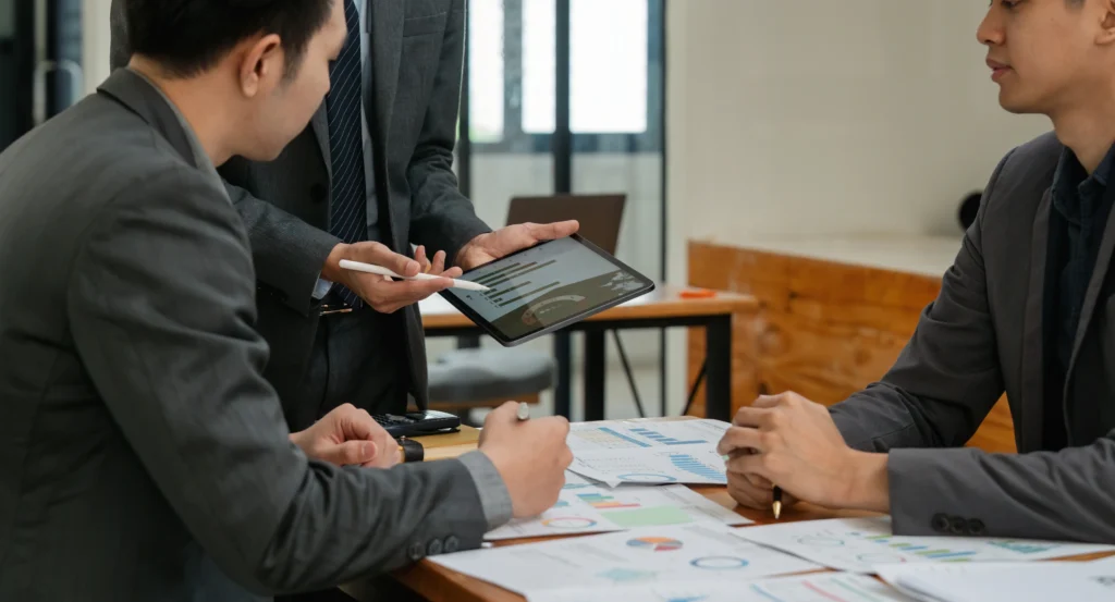 Meeting Konsultan Manajemen bersama Client dengan berbagai Grafik Analisa Perkembangan Bisnis - Layanan Konsultasi Manajemen